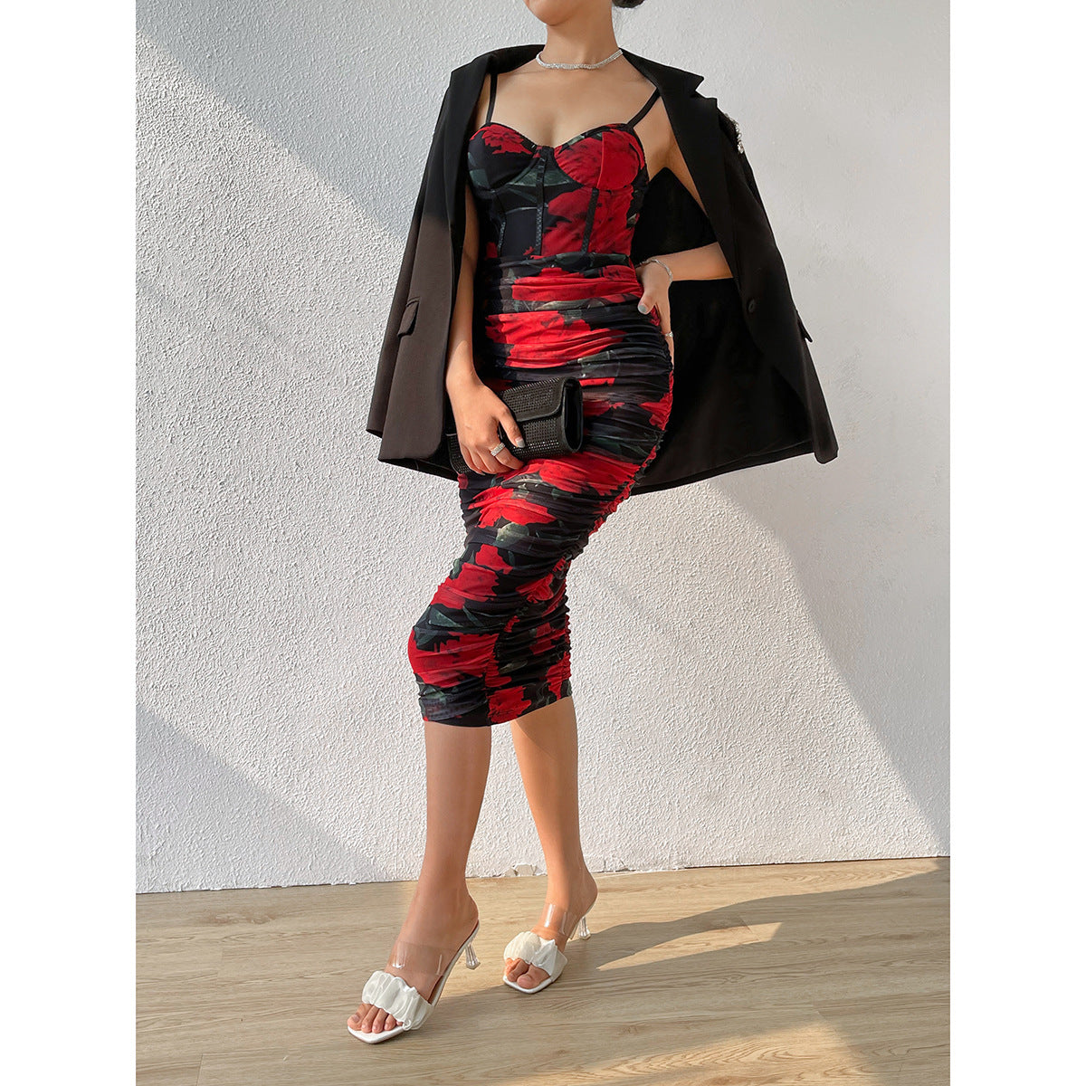 LADIES PRINTED DRESS BLACK / LIGHT PINK / PINK (SIZE XS - L)