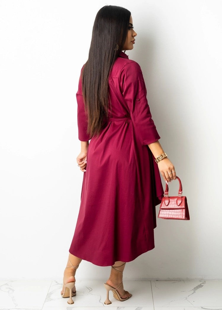 LADIES LONG SLEEVE DRESS YELLOW / WINE RED (SIZE S - 2XL)