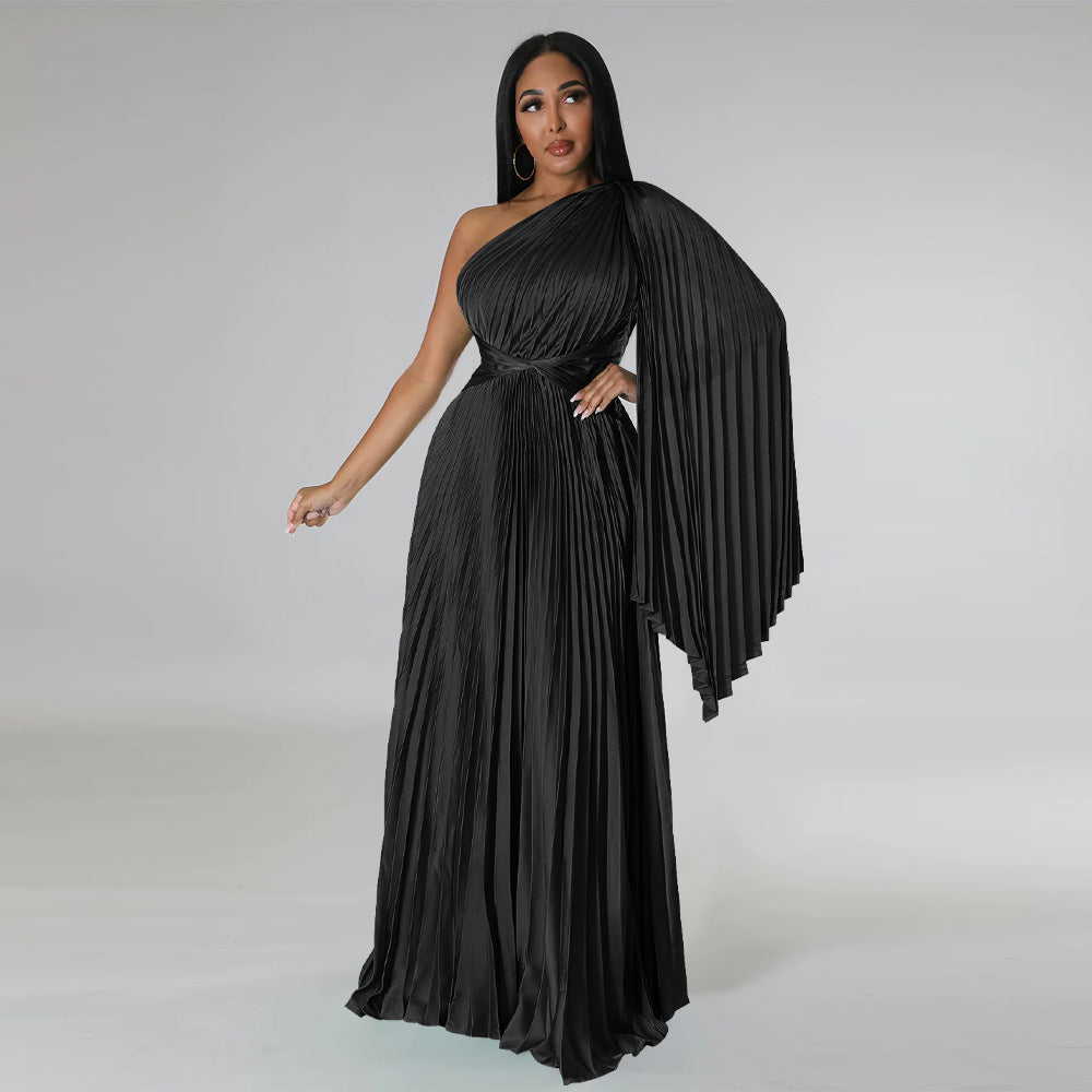 LADIES ONE SHOULDER DRESS BLACK / GREEN / GOLD / BLUE / RED (SIZE S - 2XL)