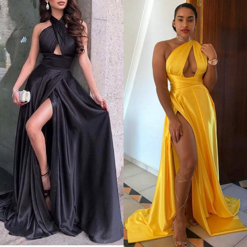 LADIES LONG DRESS WITH SLIT YELLOW / BLACK (SIZE S - 3XL)