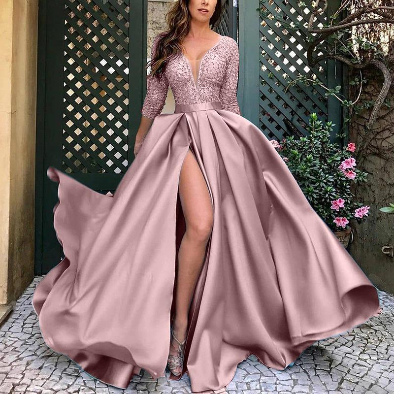 LADIES LONG EVENING / PARTY DRESS WITH SLIT (PINK / RED / BLACK / BRIGHT BLUE / NAVY BLUE / BLUE (SIZE S - 2XL)