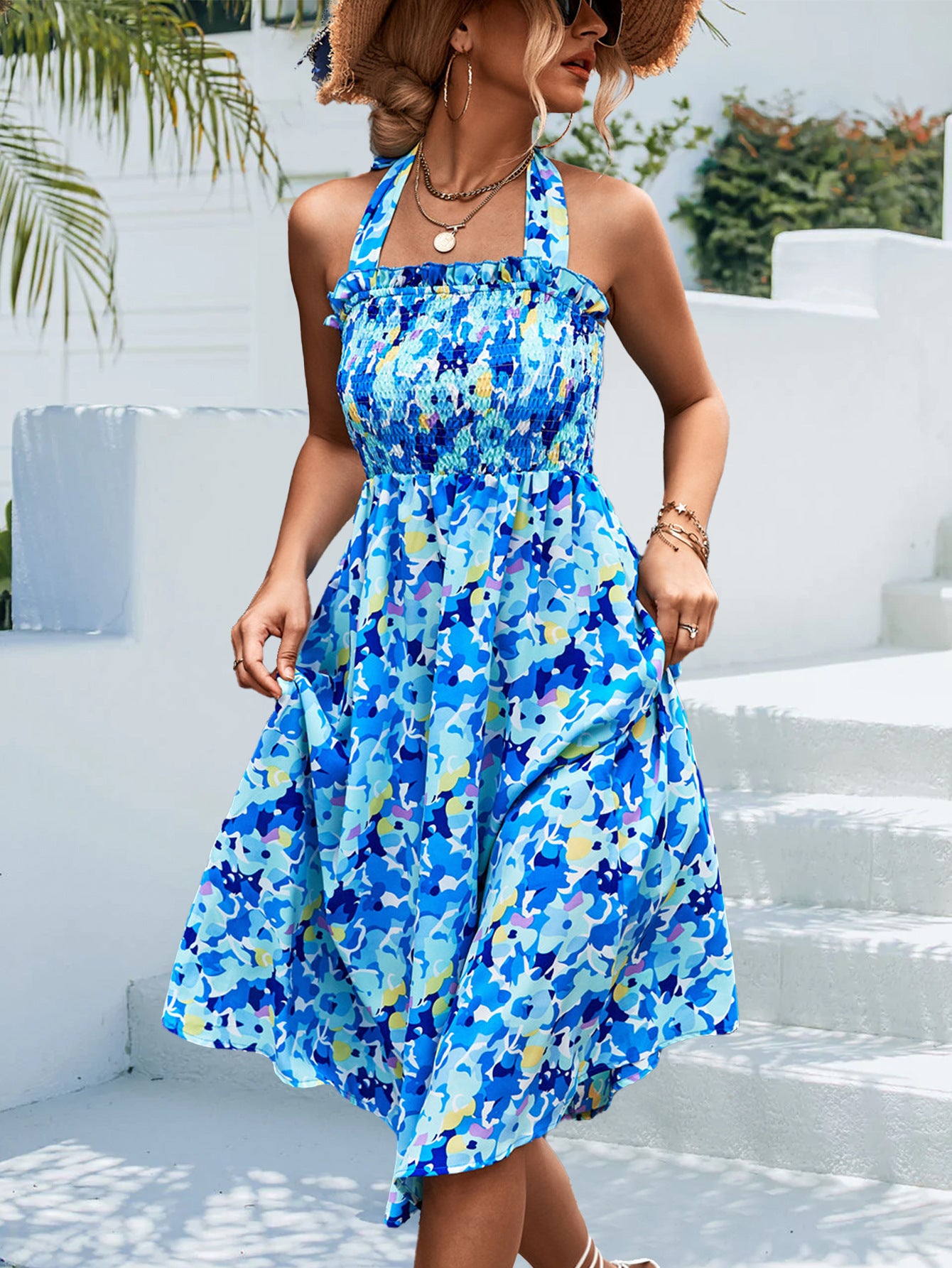 LADIES HALTER NECK DRESS BLUE (SIZE S - XL)