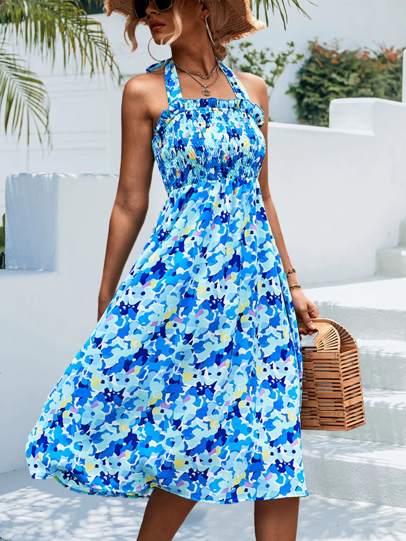 LADIES HALTER NECK DRESS BLUE (SIZE S - XL)