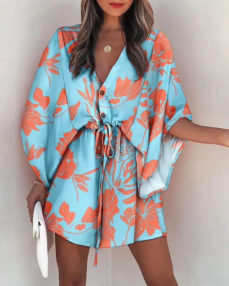 LADIES LOOSE SLEEVES DRESS WITH BELT LIGHT BLUE (SIZE S - 2XL)