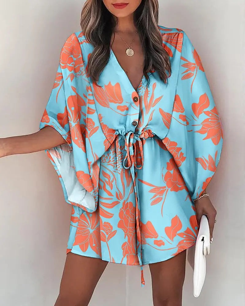 LADIES LOOSE SLEEVES DRESS WITH BELT LIGHT BLUE (SIZE S - 2XL)