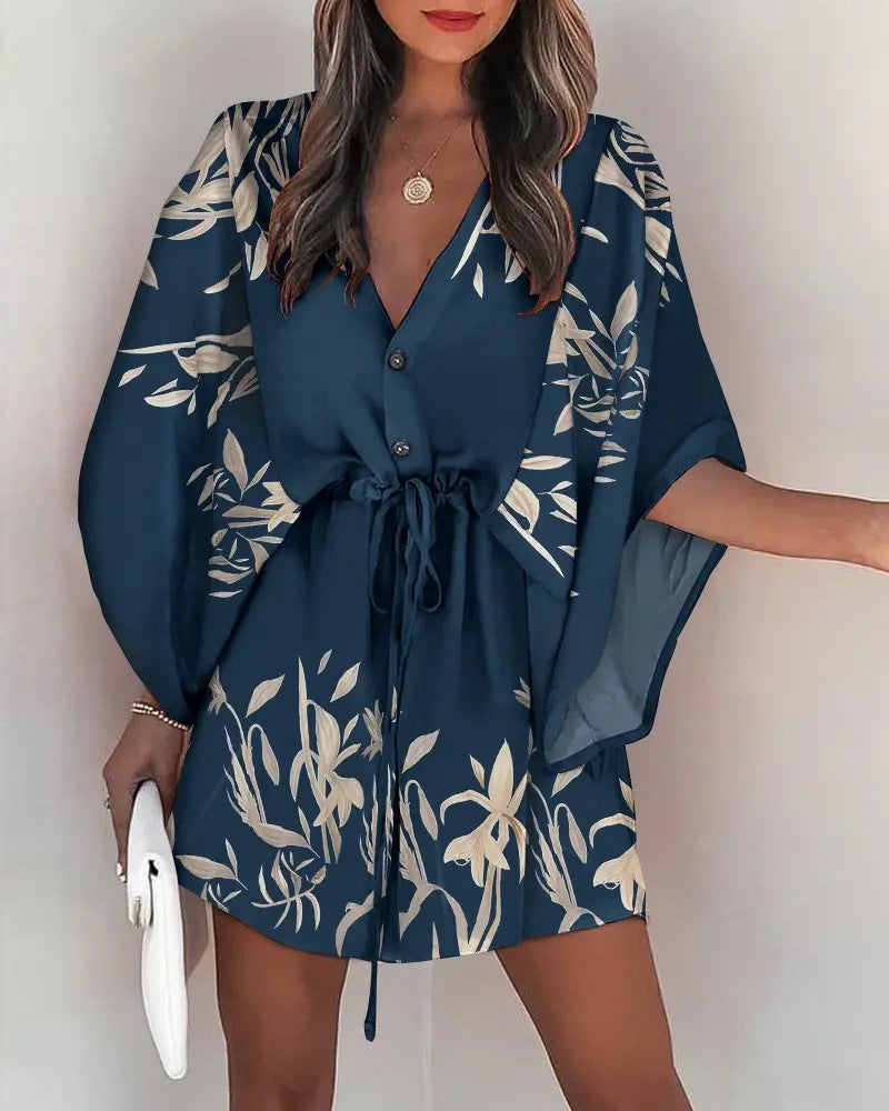 LADIES SHORT FLORAL DRESS BLUE (SIZE S - 2XL)