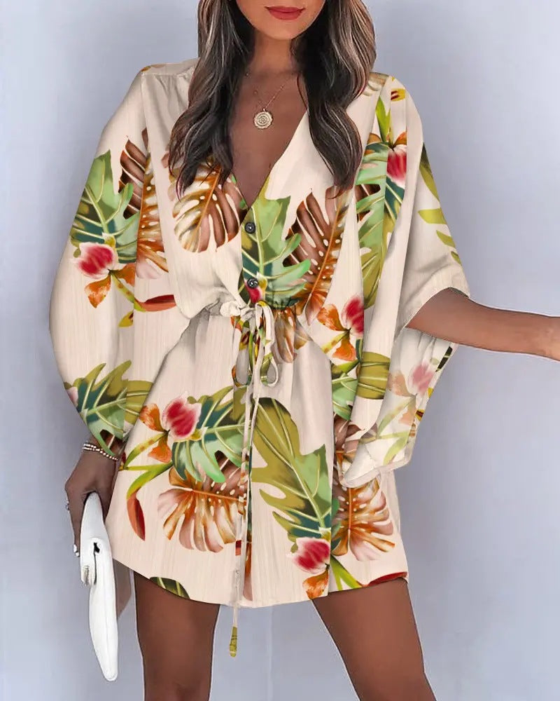 LADIES FLORAL DRESS YELLOW BEIGE LEAF (SIZE S - 2XL)