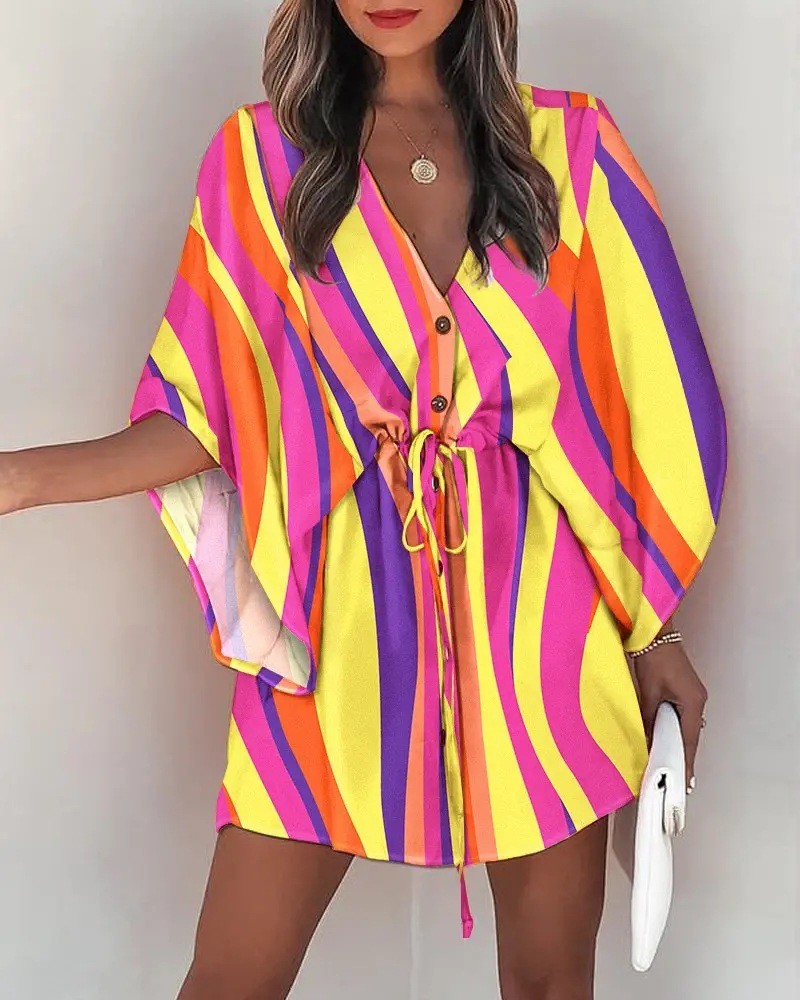 LADIES FLORAL DRESS PINK STRIPES (SIZE S - 2XL)