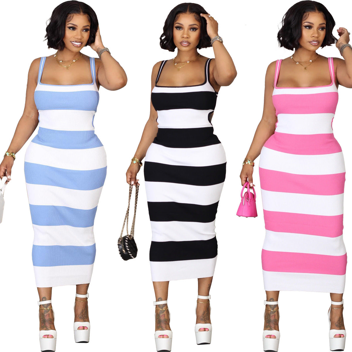 LADIES LONG DRESS BLACK / PINK / LIGHT BLUE (SIZE S - 2XL)