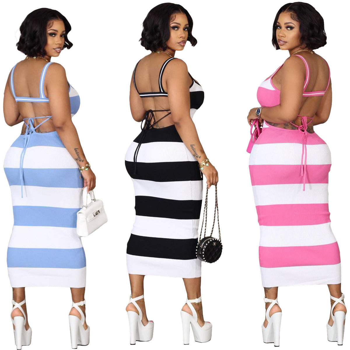 LADIES LONG DRESS BLACK / PINK / LIGHT BLUE (SIZE S - 2XL)