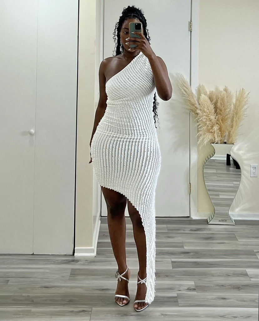 LADIES ONE SHOULDER DRESS WHITE / PINK / CHAMPAGNE (SIZE S - 2XL)