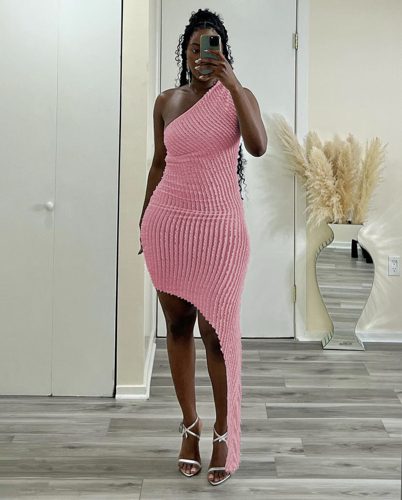 LADIES ONE SHOULDER DRESS WHITE / PINK / CHAMPAGNE (SIZE S - 2XL)