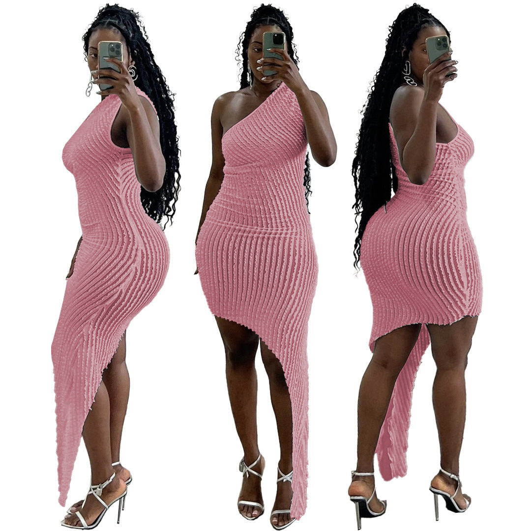 LADIES ONE SHOULDER DRESS WHITE / PINK / CHAMPAGNE (SIZE S - 2XL)