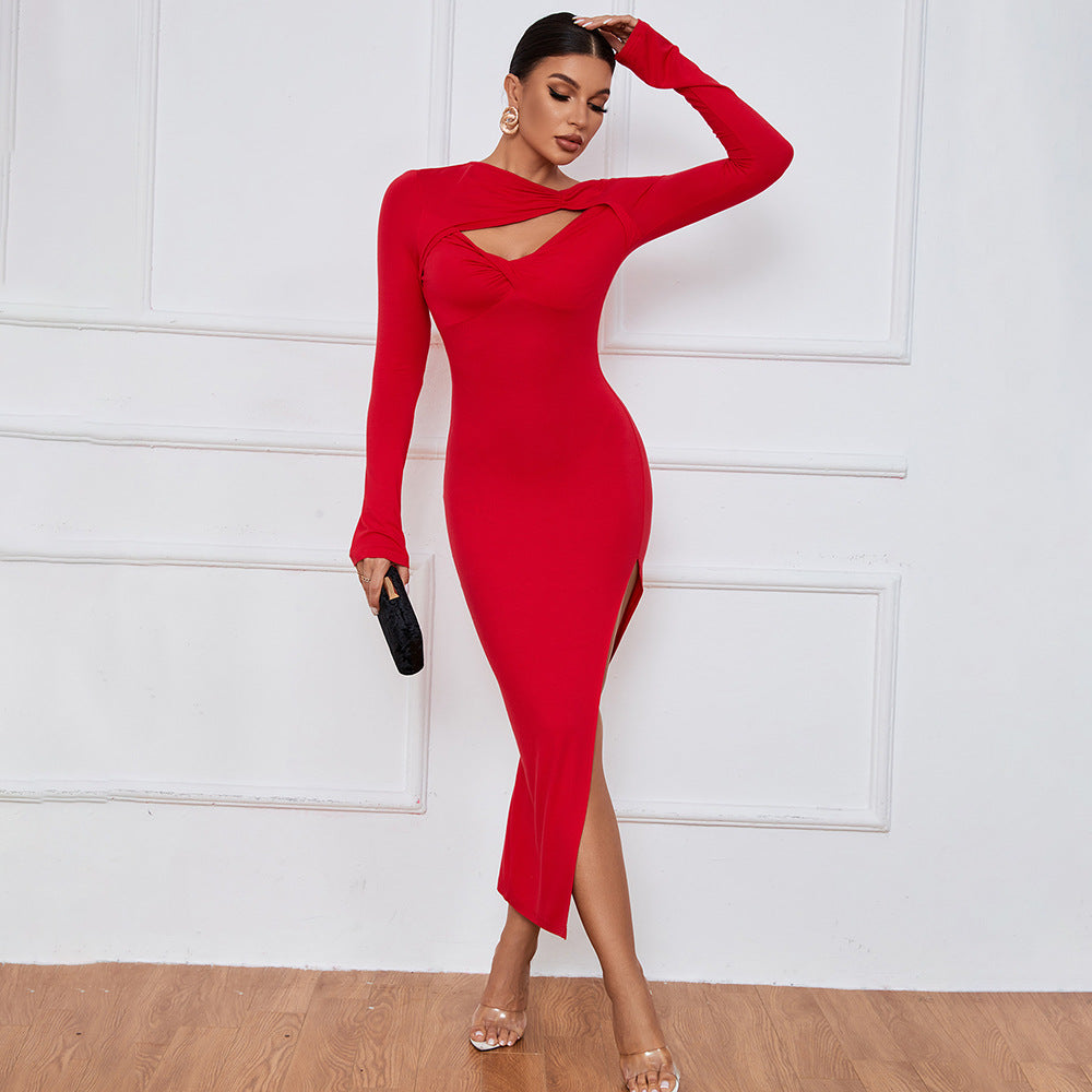 LADIES LONG SLEEVE DRESS WITH SLIT RED / BLACK (SIZE S - XL)