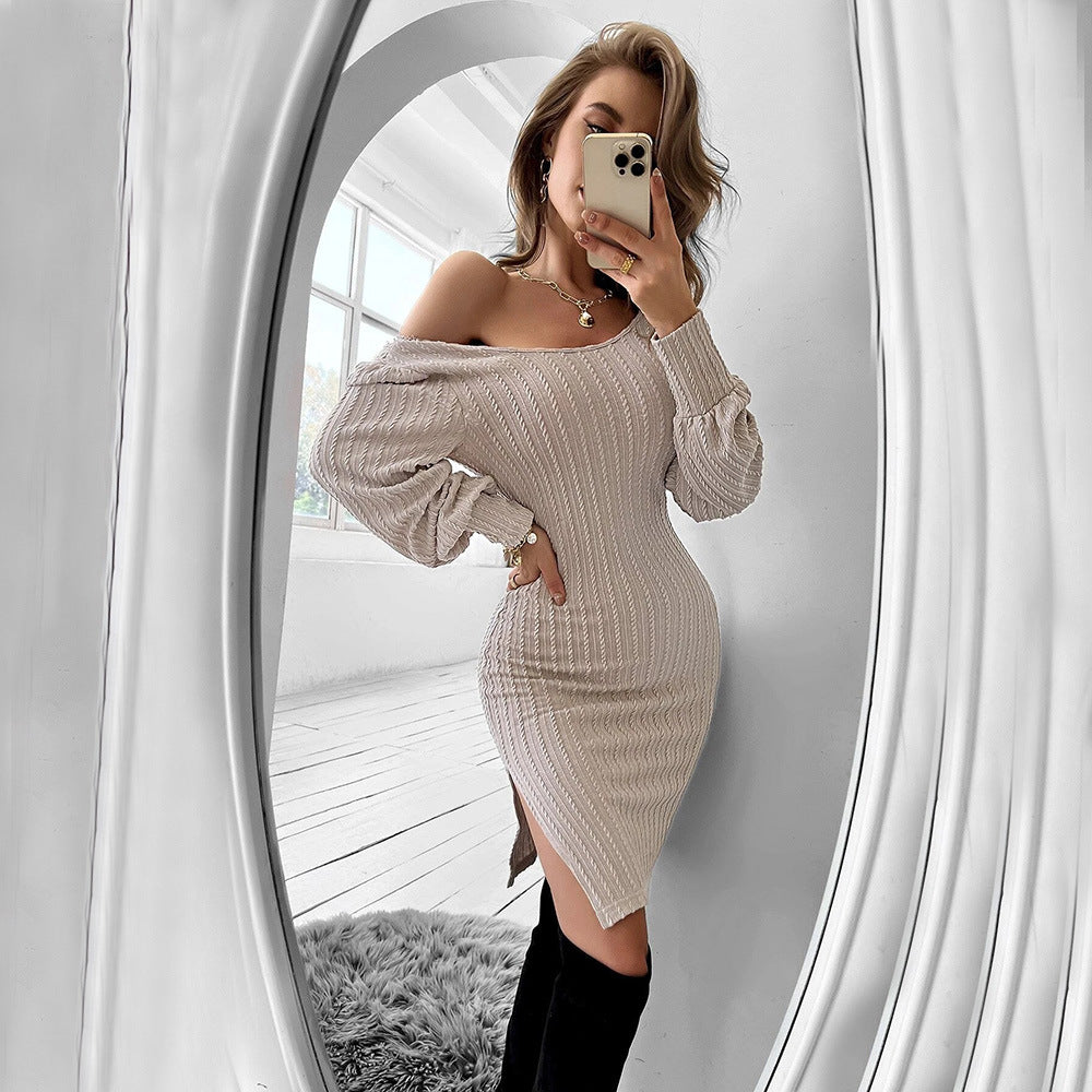 LADIES LONG SLEEVE DRESS BEIGE (SIZE S - XL)