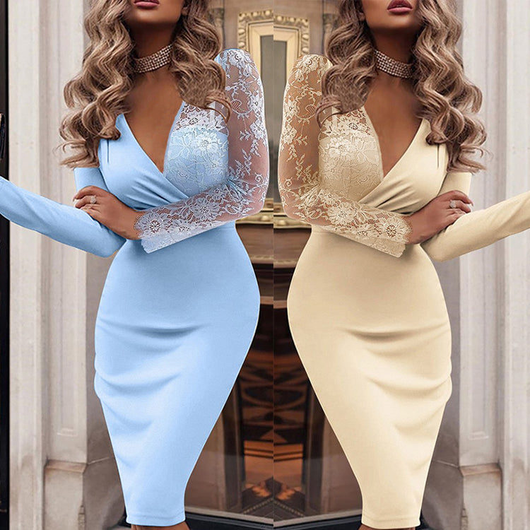 LADIES LONG SLEEVE DRESS LIGHT BLUE / BEIGE (SIZE S - XL)