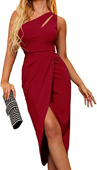 LADIES ONE SHOULDER DRESS WINE RED / BLACK / GREEN / BLUE (SIZE S - 2XL)
