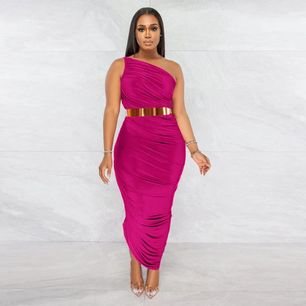 LADIES ONE SHOULDER DRESS WHITE / BLACK / LIGHT PURPLE / DARK PINK (SIZE S - 2XL)
