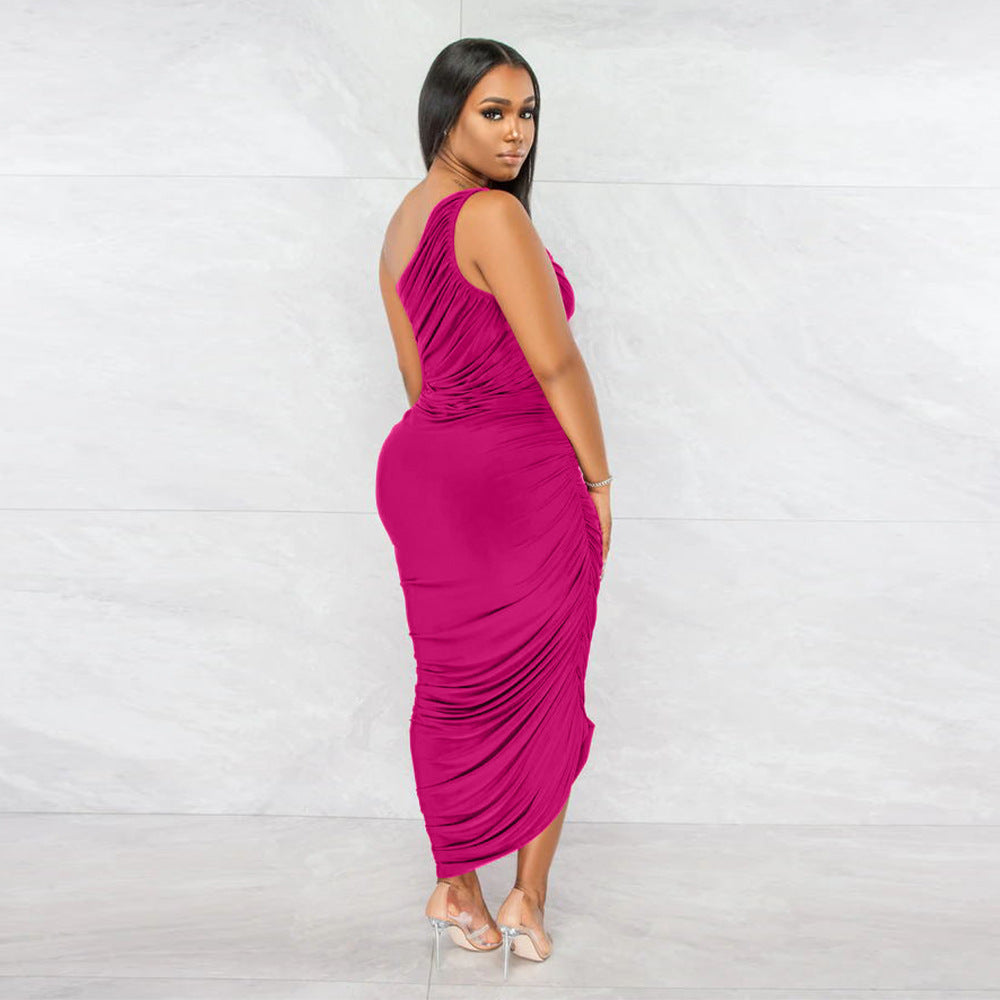 LADIES ONE SHOULDER DRESS WHITE / BLACK / LIGHT PURPLE / DARK PINK (SIZE S - 2XL)