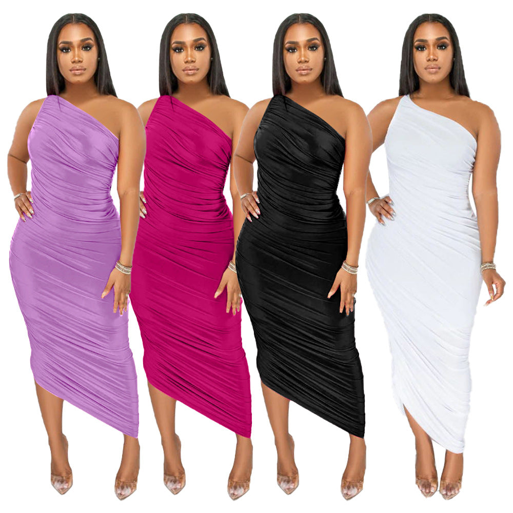 LADIES ONE SHOULDER DRESS WHITE / BLACK / LIGHT PURPLE / DARK PINK (SIZE S - 2XL)