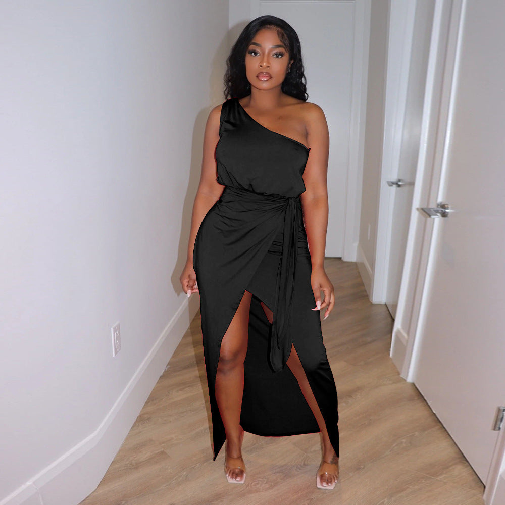 LADIES ONE SHOULDER DRESS BLACK / LIGHT PURPLE / PINK (SIZE S - 2XL)