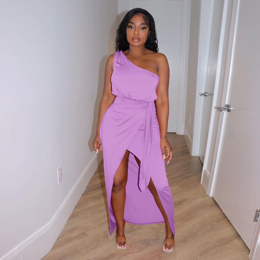 LADIES ONE SHOULDER DRESS BLACK / LIGHT PURPLE / PINK (SIZE S - 2XL)