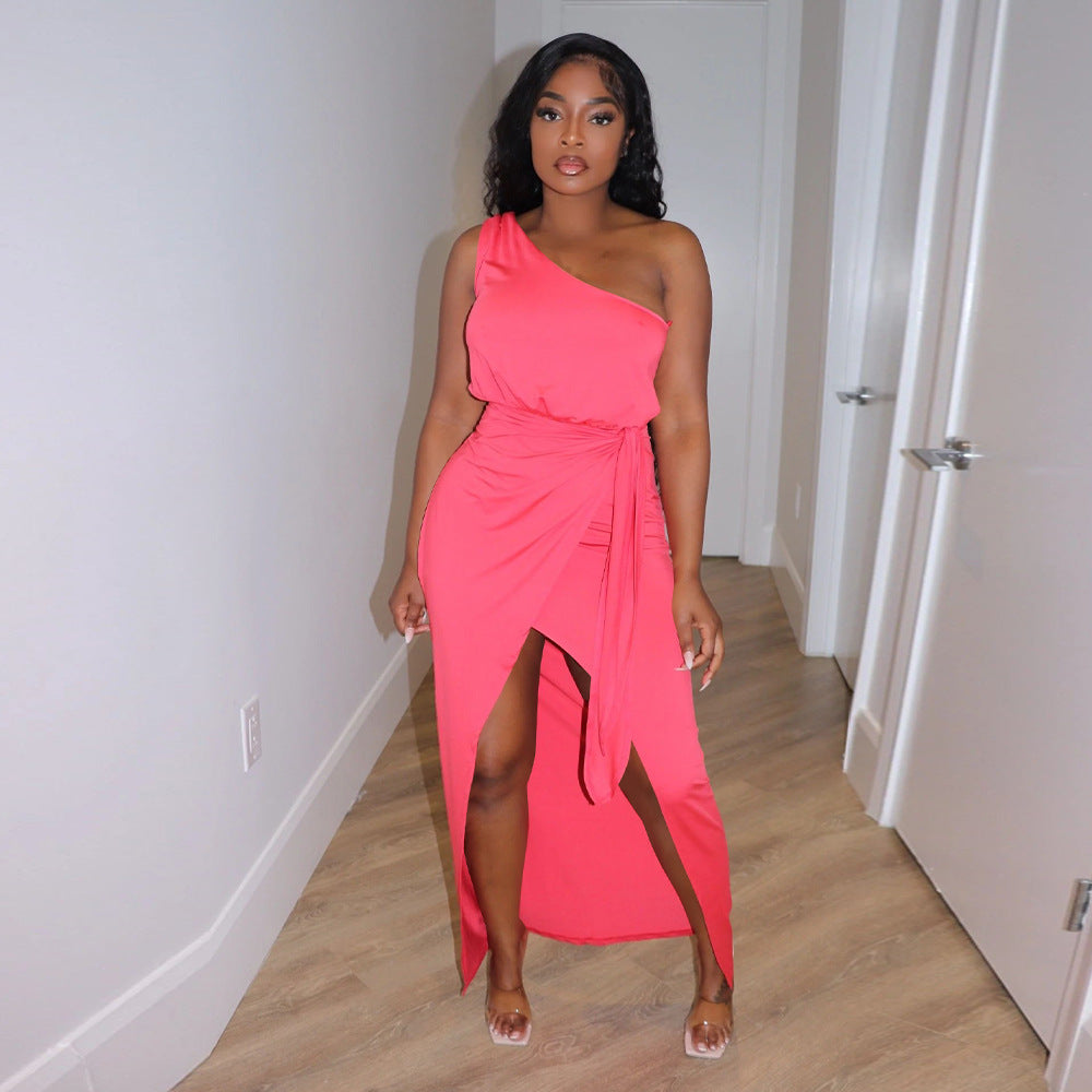 LADIES ONE SHOULDER DRESS BLACK / LIGHT PURPLE / PINK (SIZE S - 2XL)