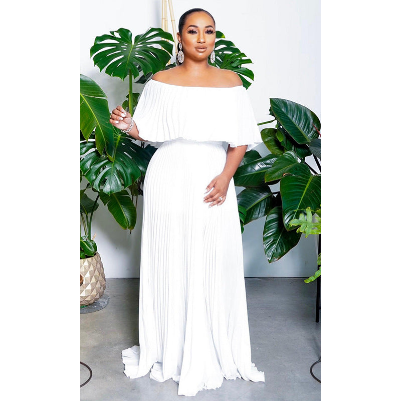 LADIES OFF THE SHOULDER DRESS WHITE / GREEN (SIZE S - XL)