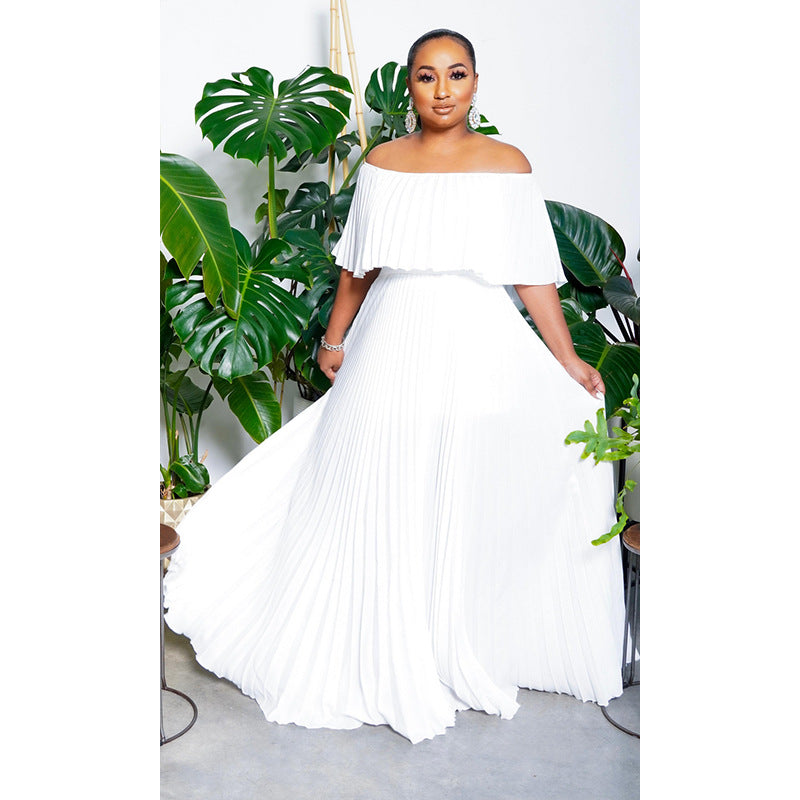LADIES OFF THE SHOULDER DRESS WHITE / GREEN (SIZE S - XL)