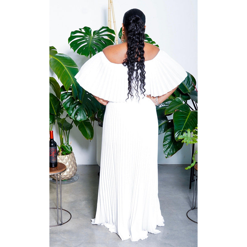LADIES OFF THE SHOULDER DRESS WHITE / GREEN (SIZE S - XL)