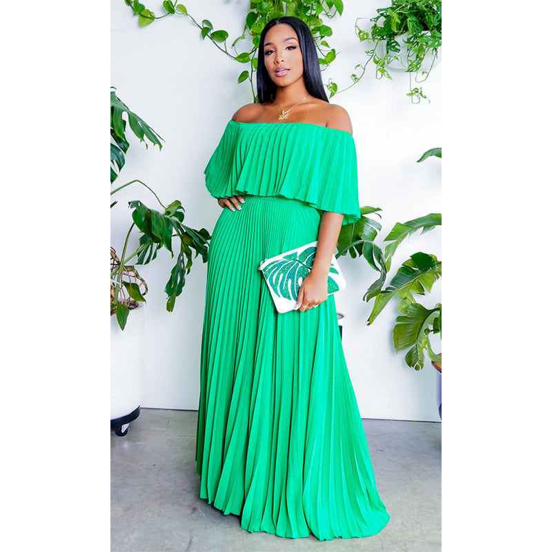 LADIES OFF THE SHOULDER DRESS WHITE / GREEN (SIZE S - XL)