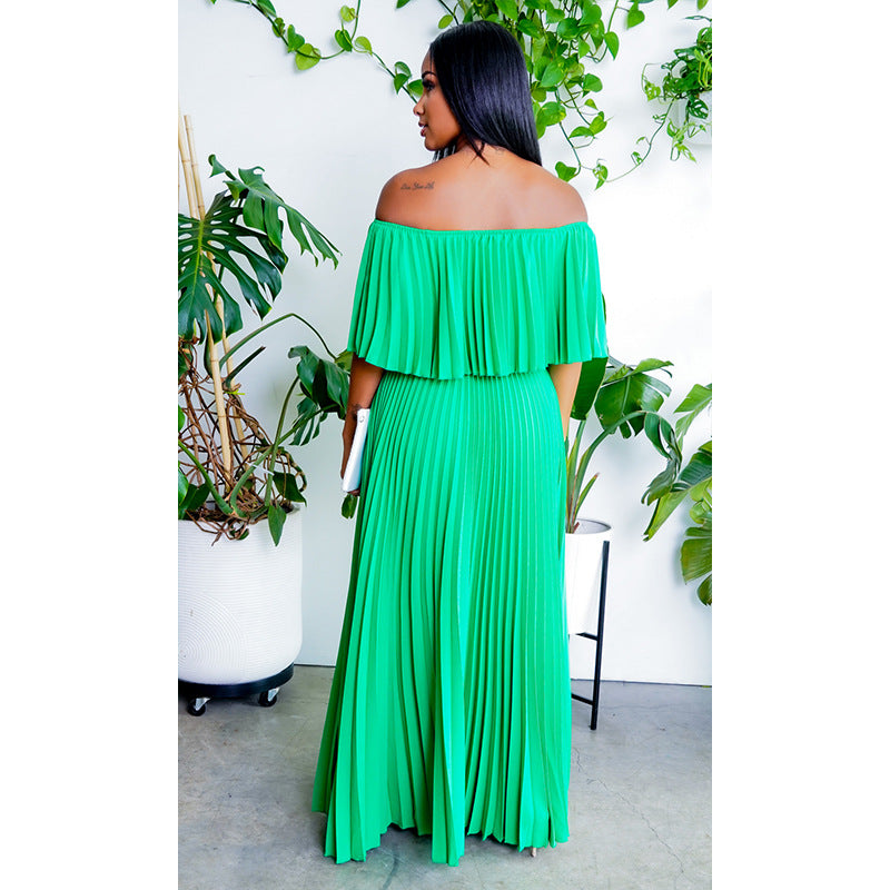 LADIES OFF THE SHOULDER DRESS WHITE / GREEN (SIZE S - XL)