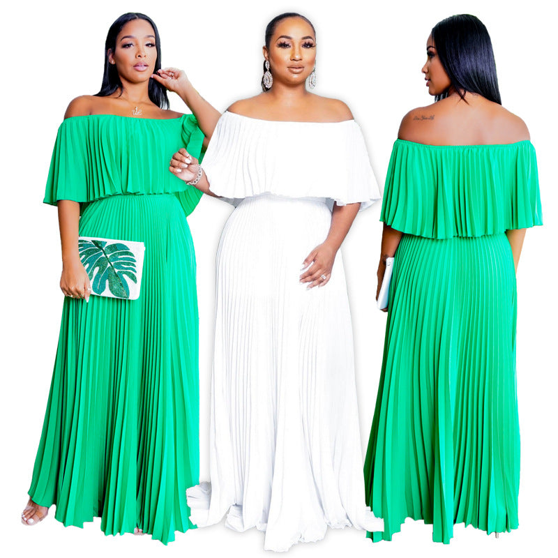 LADIES OFF THE SHOULDER DRESS WHITE / GREEN (SIZE S - XL)