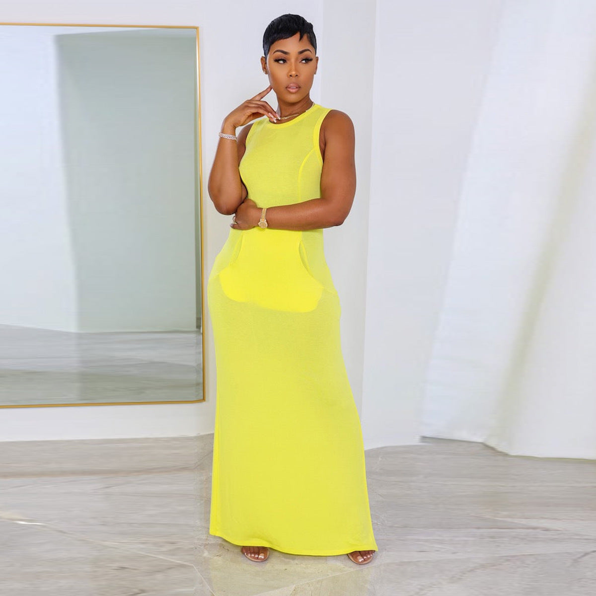 LADIES SLEEVELESS DRESS WITH POCKETS YELLOW / PINK / DARK GRAY / PEACHY (SIZE S - 2XL)
