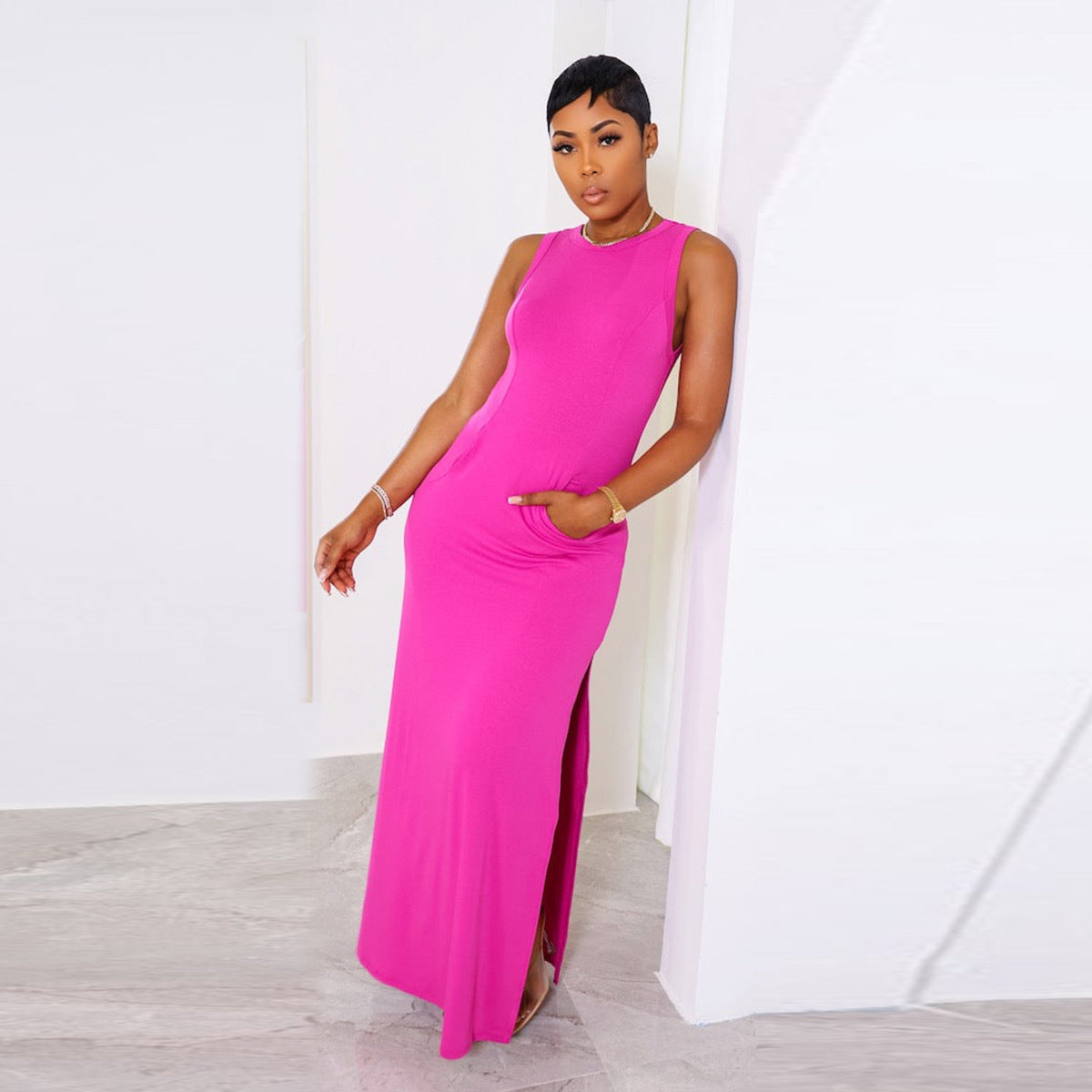 LADIES SLEEVELESS DRESS WITH POCKETS YELLOW / PINK / DARK GRAY / PEACHY (SIZE S - 2XL)