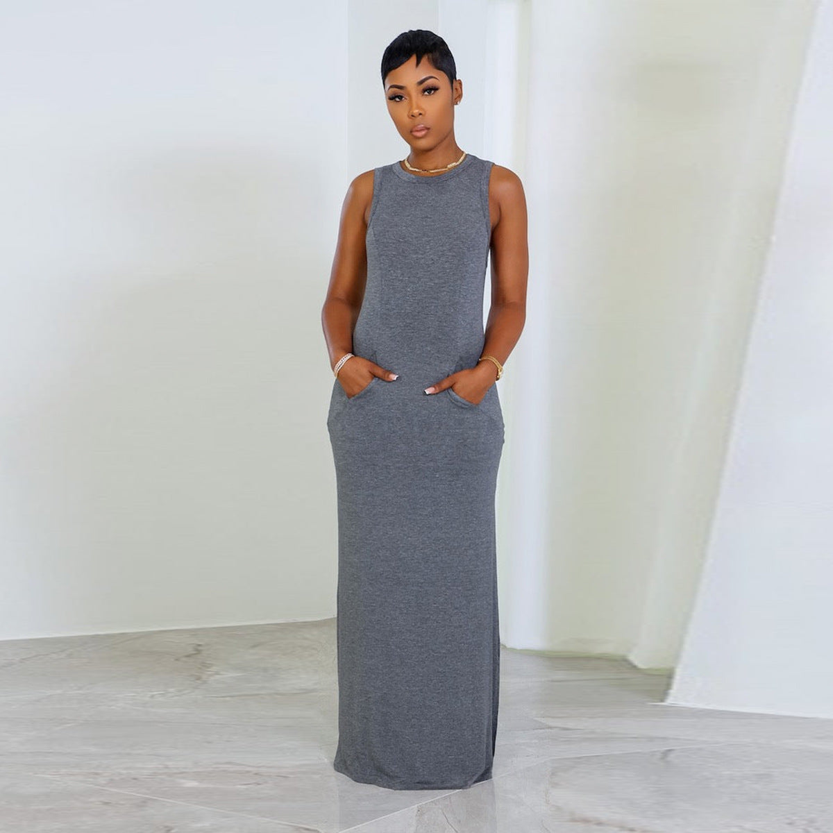 LADIES SLEEVELESS DRESS WITH POCKETS YELLOW / PINK / DARK GRAY / PEACHY (SIZE S - 2XL)