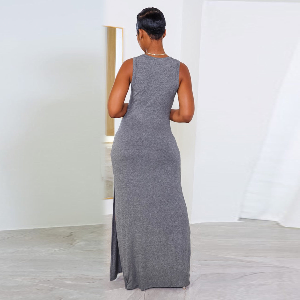LADIES SLEEVELESS DRESS WITH POCKETS YELLOW / PINK / DARK GRAY / PEACHY (SIZE S - 2XL)