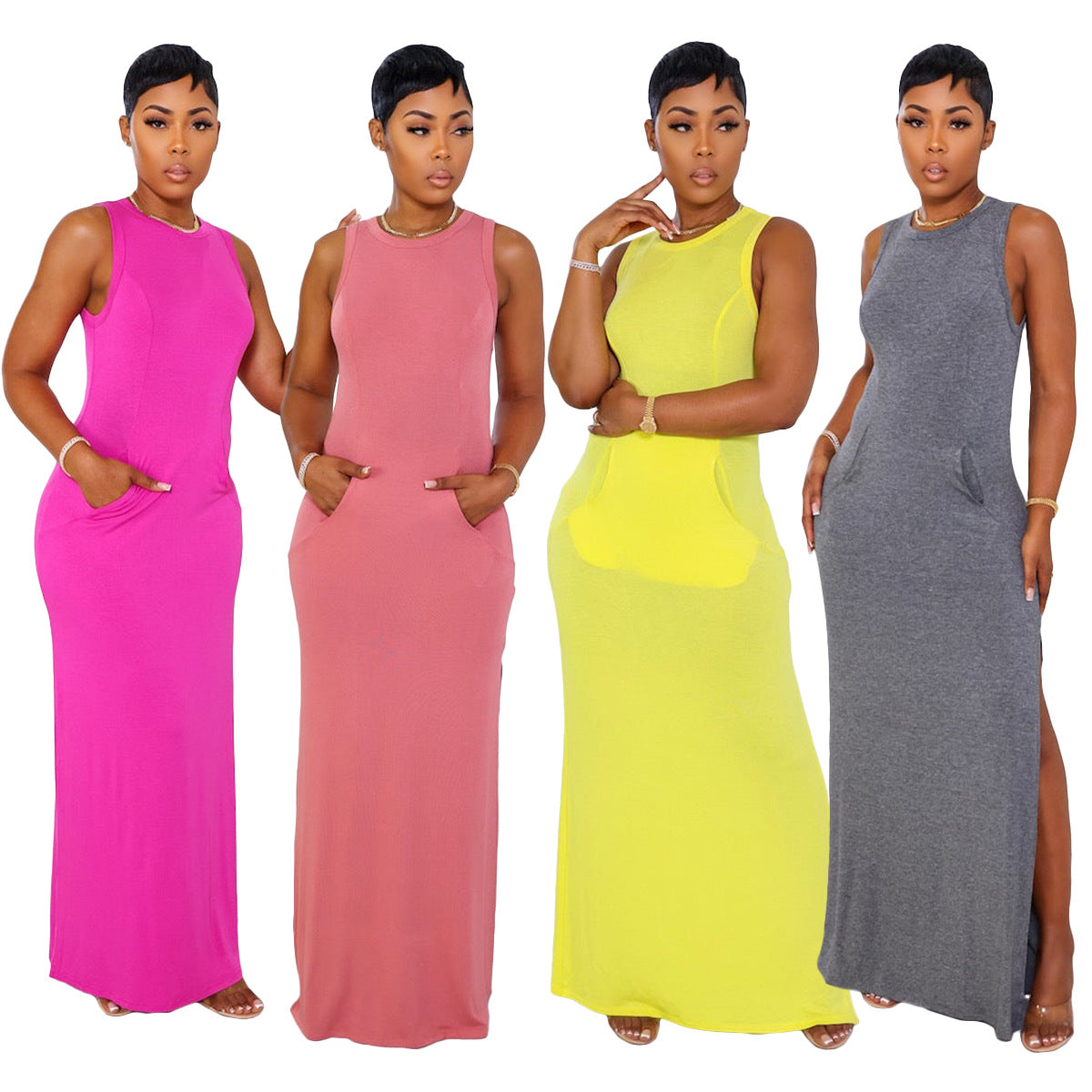LADIES SLEEVELESS DRESS WITH POCKETS YELLOW / PINK / DARK GRAY / PEACHY (SIZE S - 2XL)