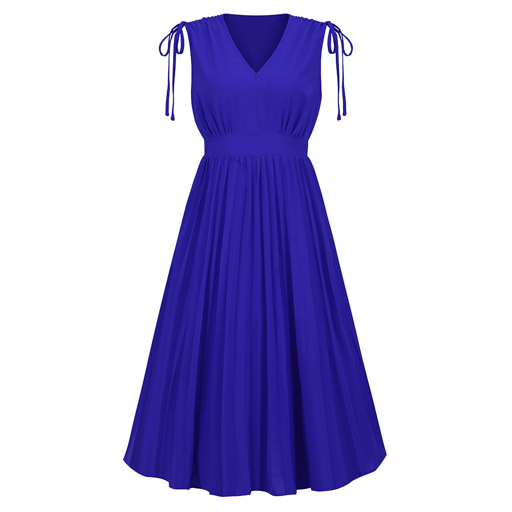 LADIES SLEEVELESS PLEATED DRESS BLUE / GREEN / RED / BLACK / WHITE (SIZE S - 2XL)