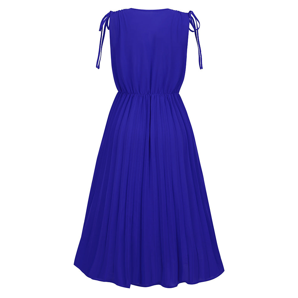 LADIES SLEEVELESS PLEATED DRESS BLUE / GREEN / RED / BLACK / WHITE (SIZE S - 2XL)