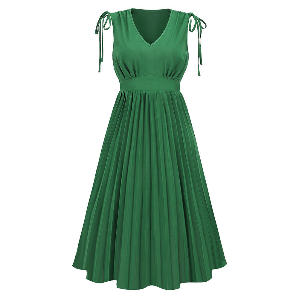 LADIES SLEEVELESS PLEATED DRESS BLUE / GREEN / RED / BLACK / WHITE (SIZE S - 2XL)