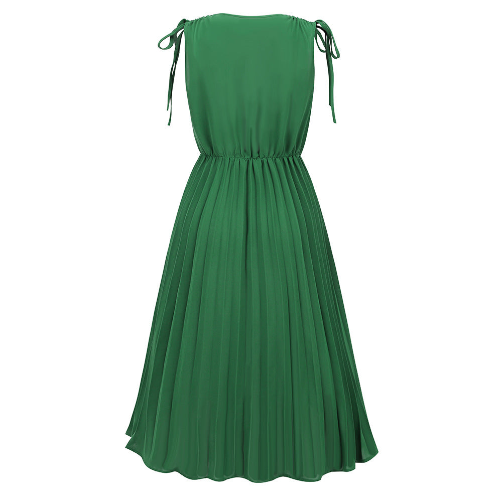 LADIES SLEEVELESS PLEATED DRESS BLUE / GREEN / RED / BLACK / WHITE (SIZE S - 2XL)