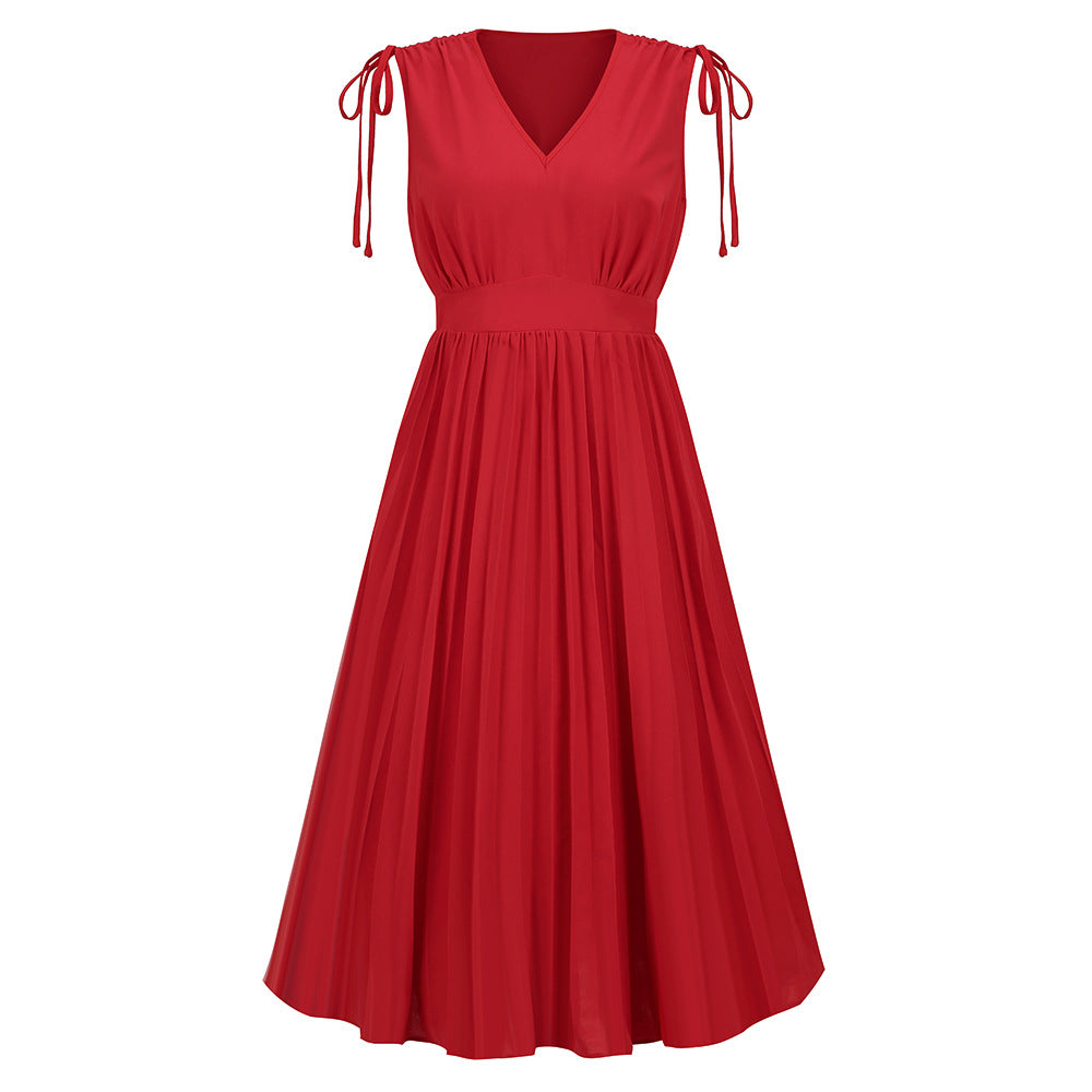 LADIES SLEEVELESS PLEATED DRESS BLUE / GREEN / RED / BLACK / WHITE (SIZE S - 2XL)