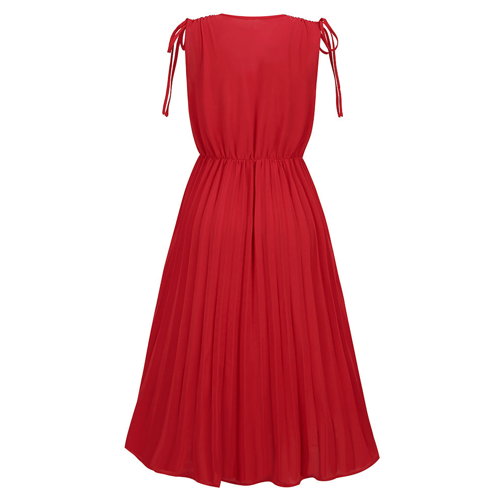 LADIES SLEEVELESS PLEATED DRESS BLUE / GREEN / RED / BLACK / WHITE (SIZE S - 2XL)