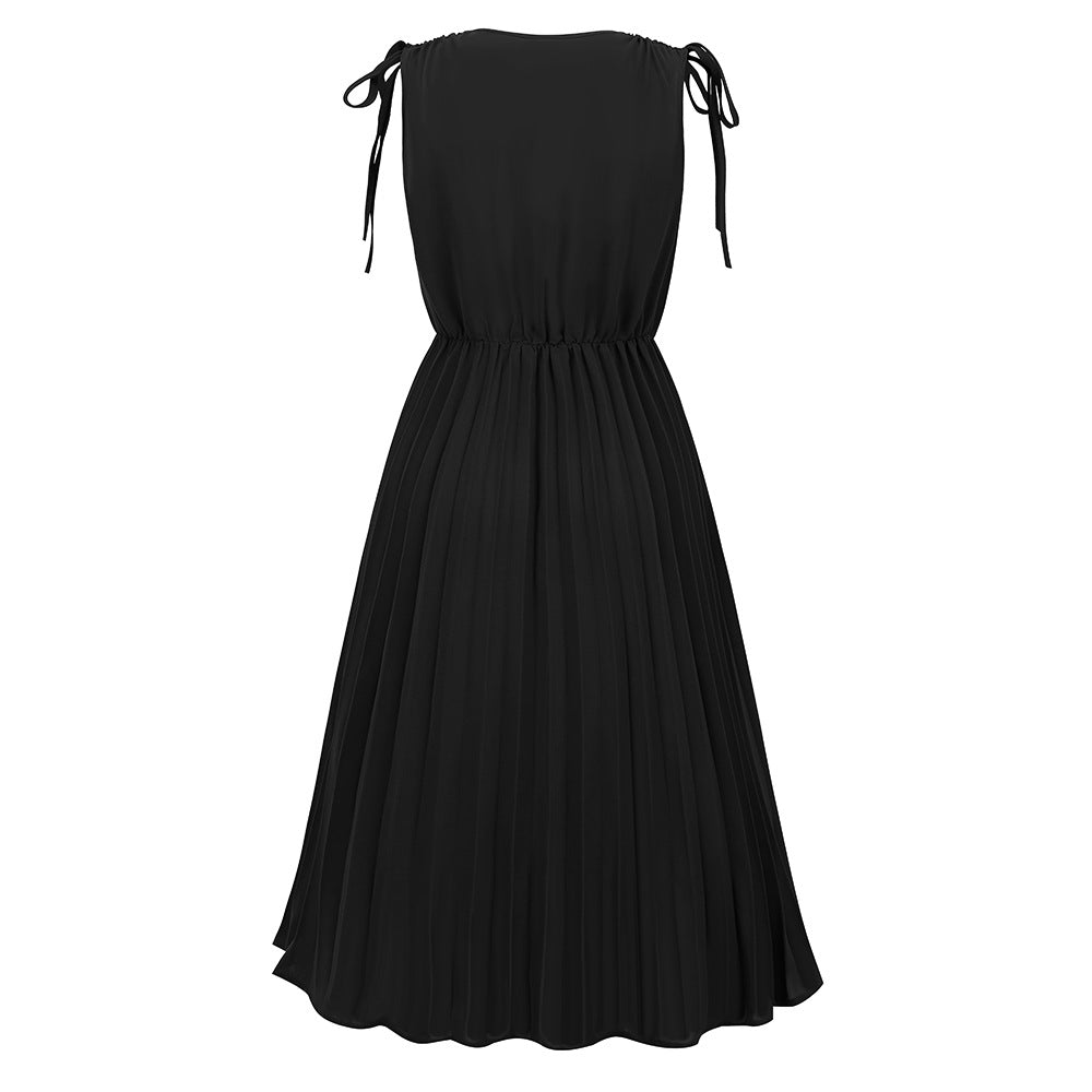 LADIES SLEEVELESS PLEATED DRESS BLUE / GREEN / RED / BLACK / WHITE (SIZE S - 2XL)