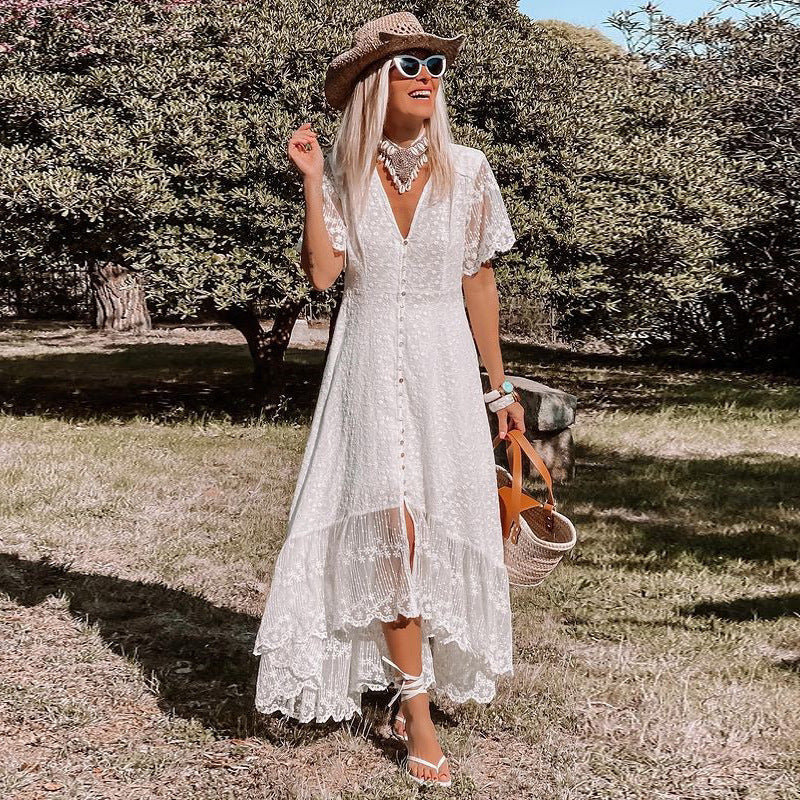 LADIES SHORT SLEEVE DRESS WHITE (SIZE S - XL)