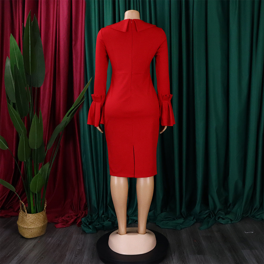 LADIES LONG SLEEVE DRESS ORANGE YELLOW / RED / BLUE / GREEN (SIZE S - 3XL)