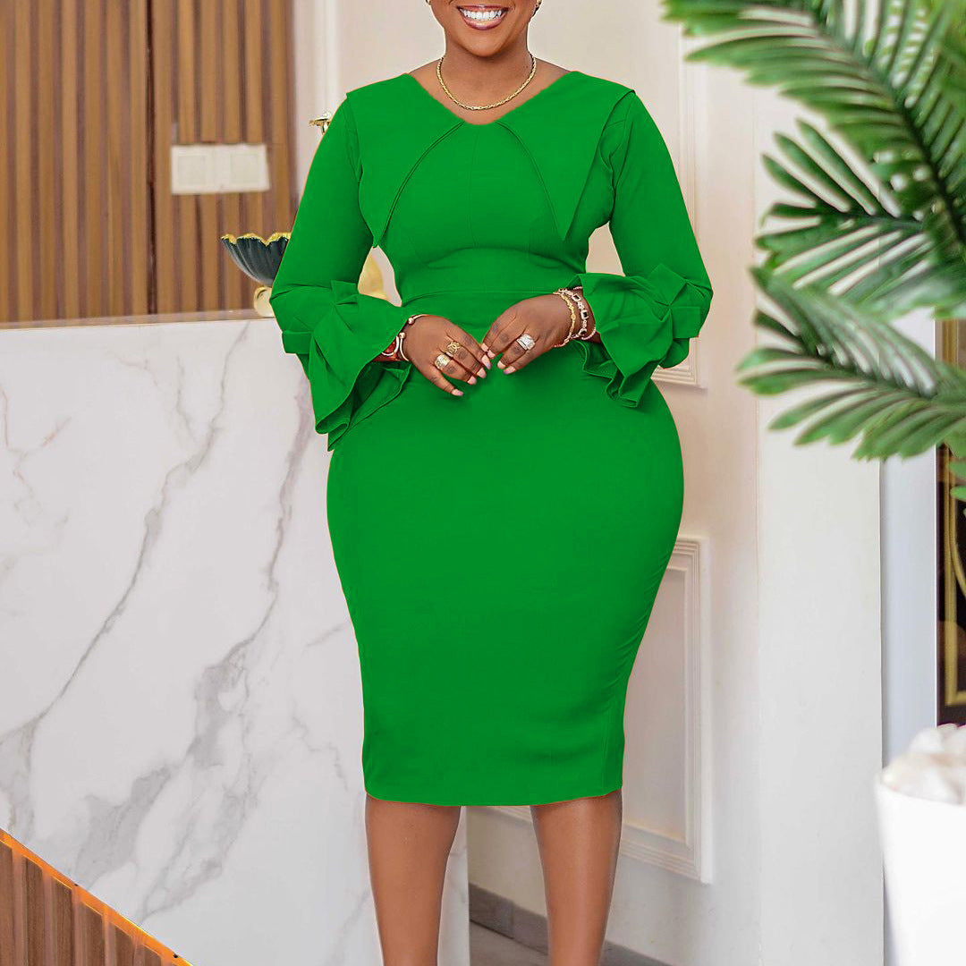 LADIES LONG SLEEVE DRESS ORANGE YELLOW / RED / BLUE / GREEN (SIZE S - 3XL)
