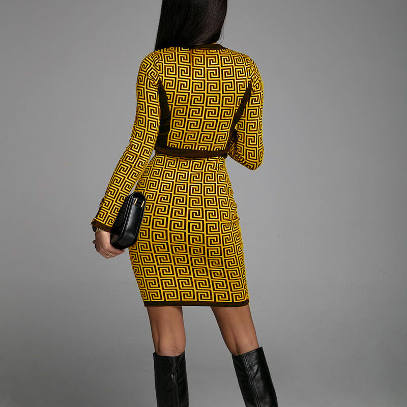 LADIES LONG SLEEVE DRESS YELLOW-BLACK / KHAKI-BLACK (SIZE S - XL)