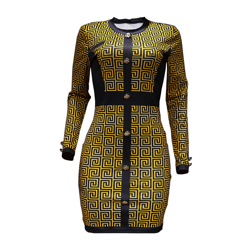 LADIES LONG SLEEVE DRESS YELLOW-BLACK / KHAKI-BLACK (SIZE S - XL)